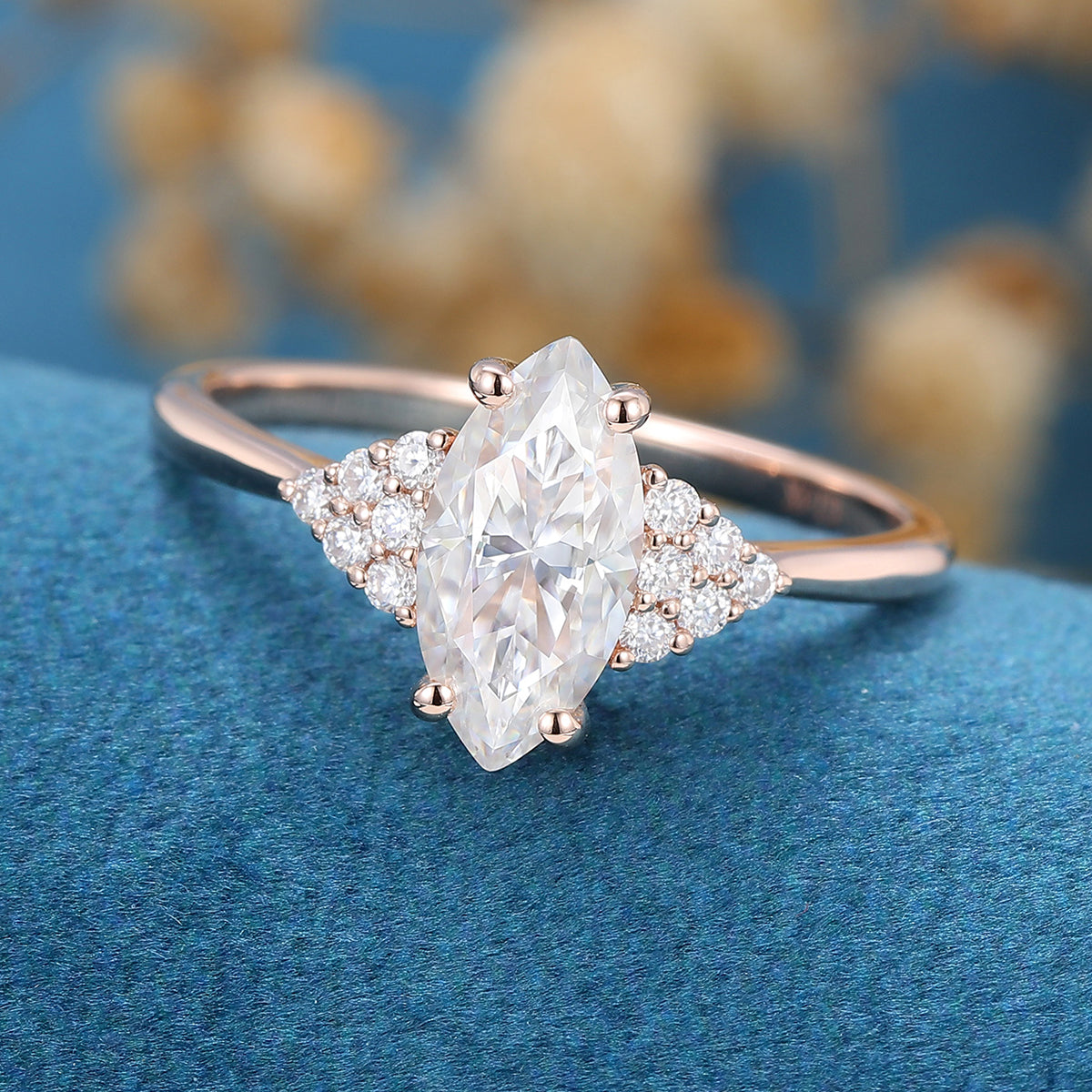 0.90 CT Marquise Shaped Moissanite Cluster Engagement Ring 4