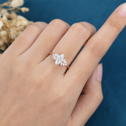 0.90 CT Marquise Shaped Moissanite Cluster Engagement Ring 2