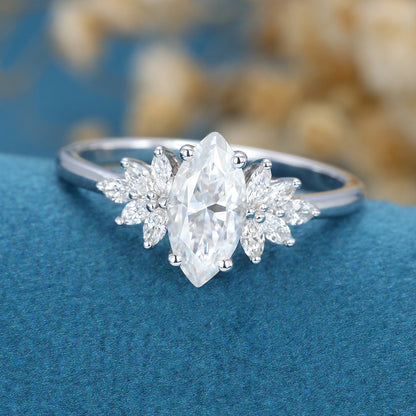 0.90 CT Marquise Shaped Moissanite Cluster Engagement Ring 4