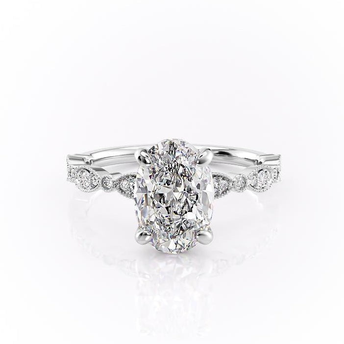 2.10 CT Oval Solitaire & Milgrain Pave Moissanite Engagement Ring 6