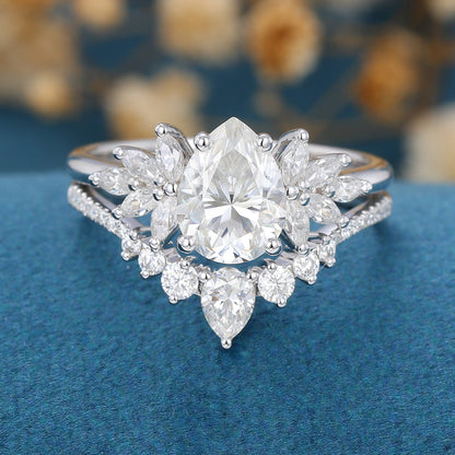 1.0 CT Pear Shaped Moissanite Cluster Bridal Set 1