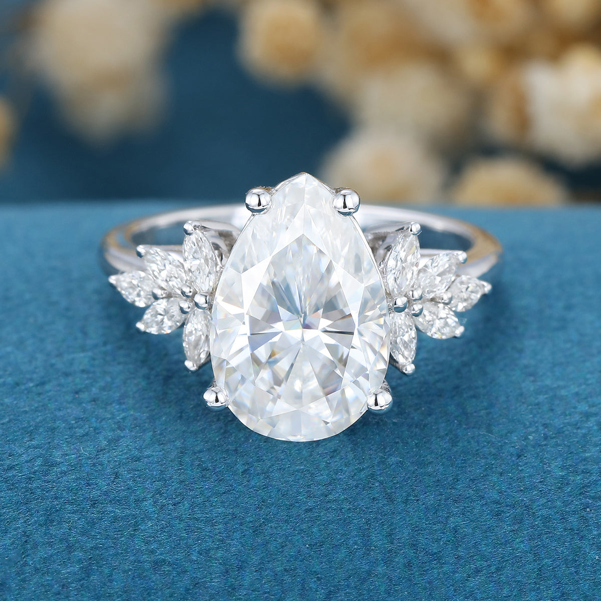3.09 CT Pear Shaped Moissanite Cluster Engagement Ring 1