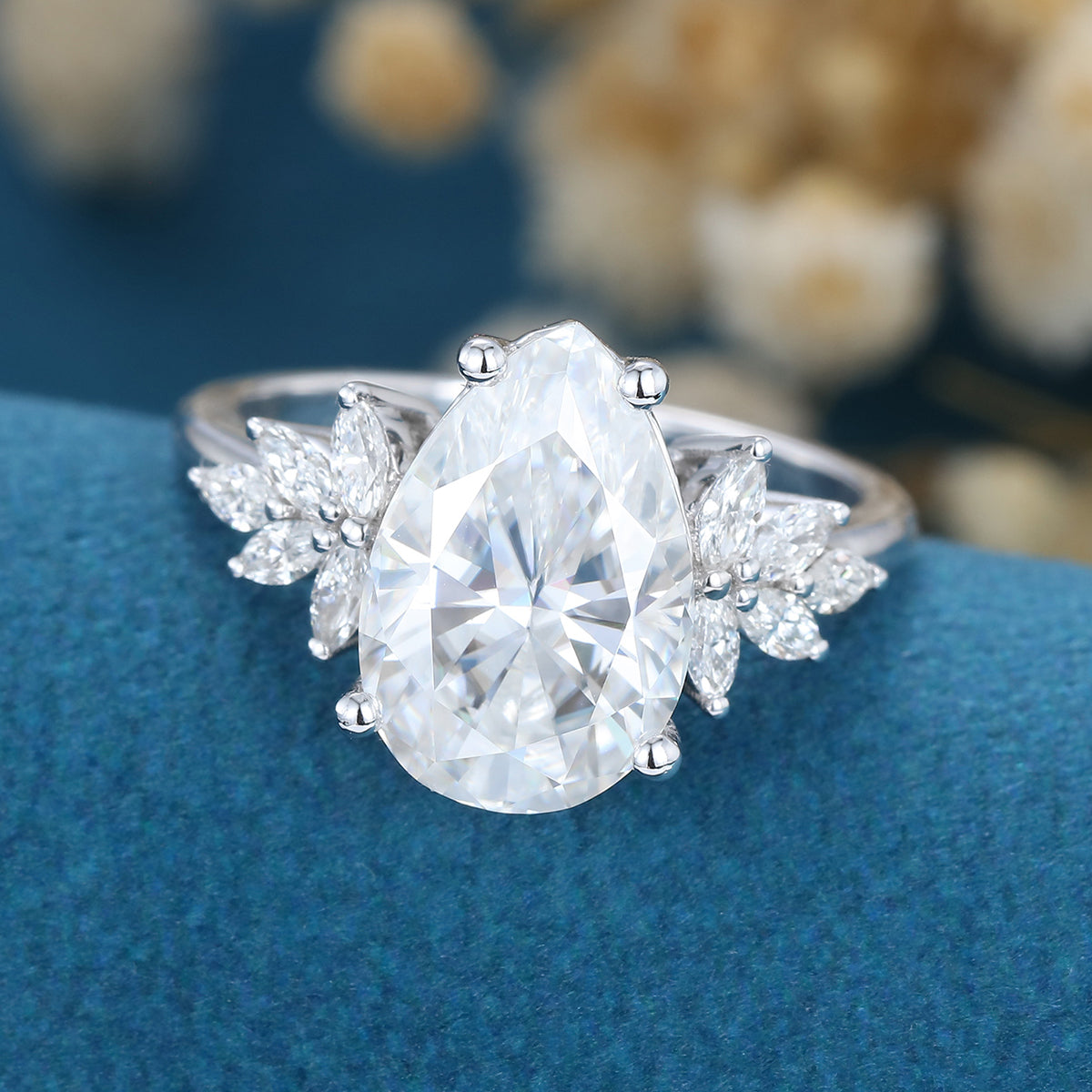 3.09 CT Pear Shaped Moissanite Cluster Engagement Ring 4