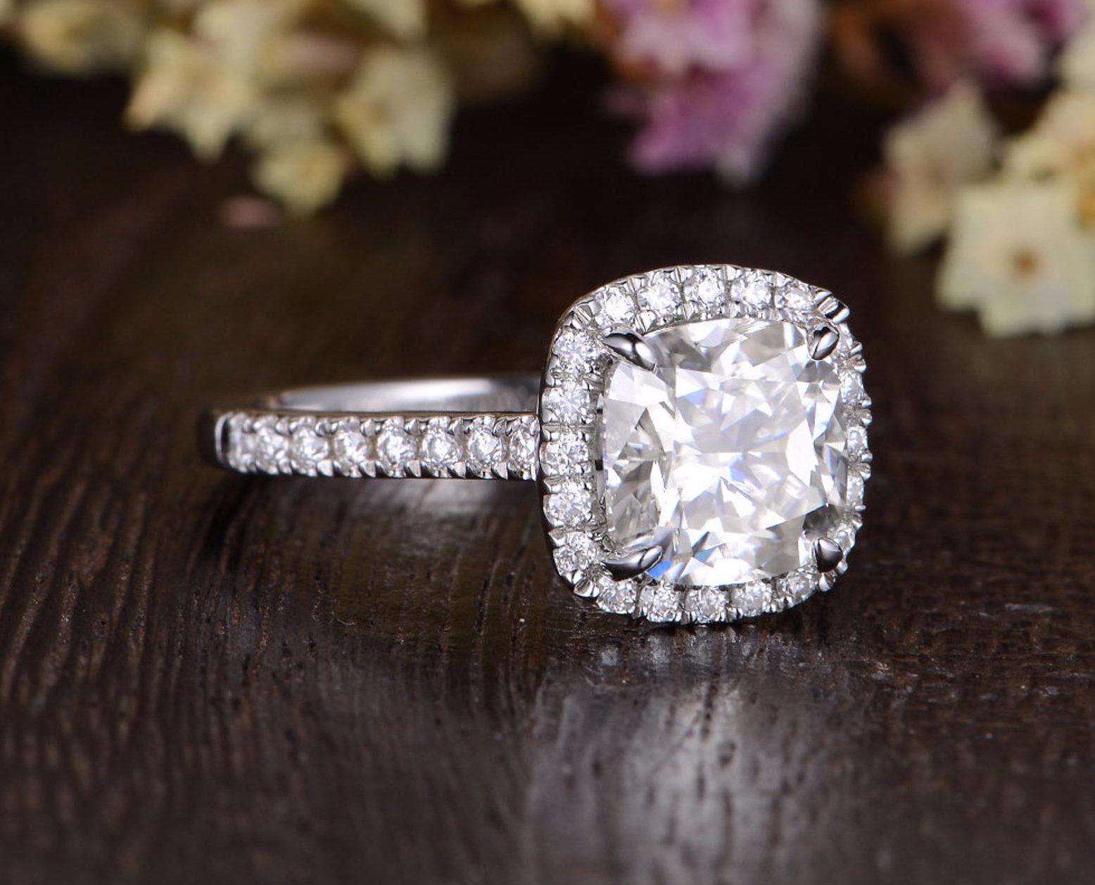 1.0 CT Cushion Cut Halo Moissanite Engagement Ring 4