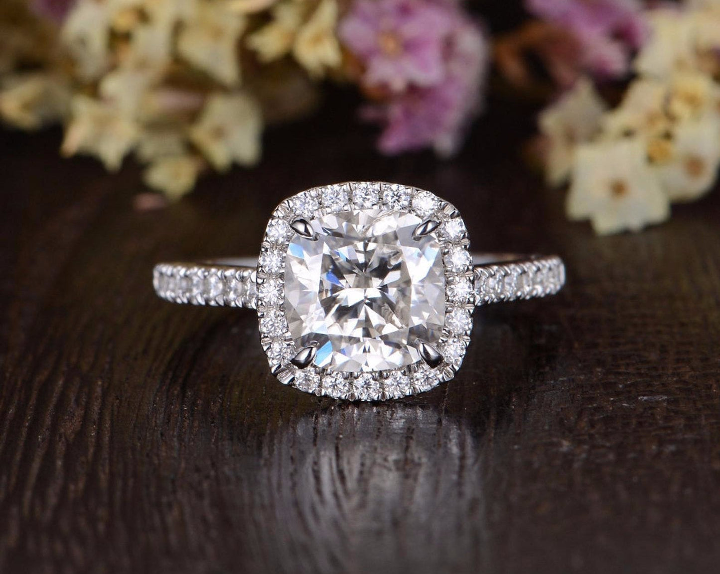 1.0 CT Cushion Cut Halo Moissanite Engagement Ring 1