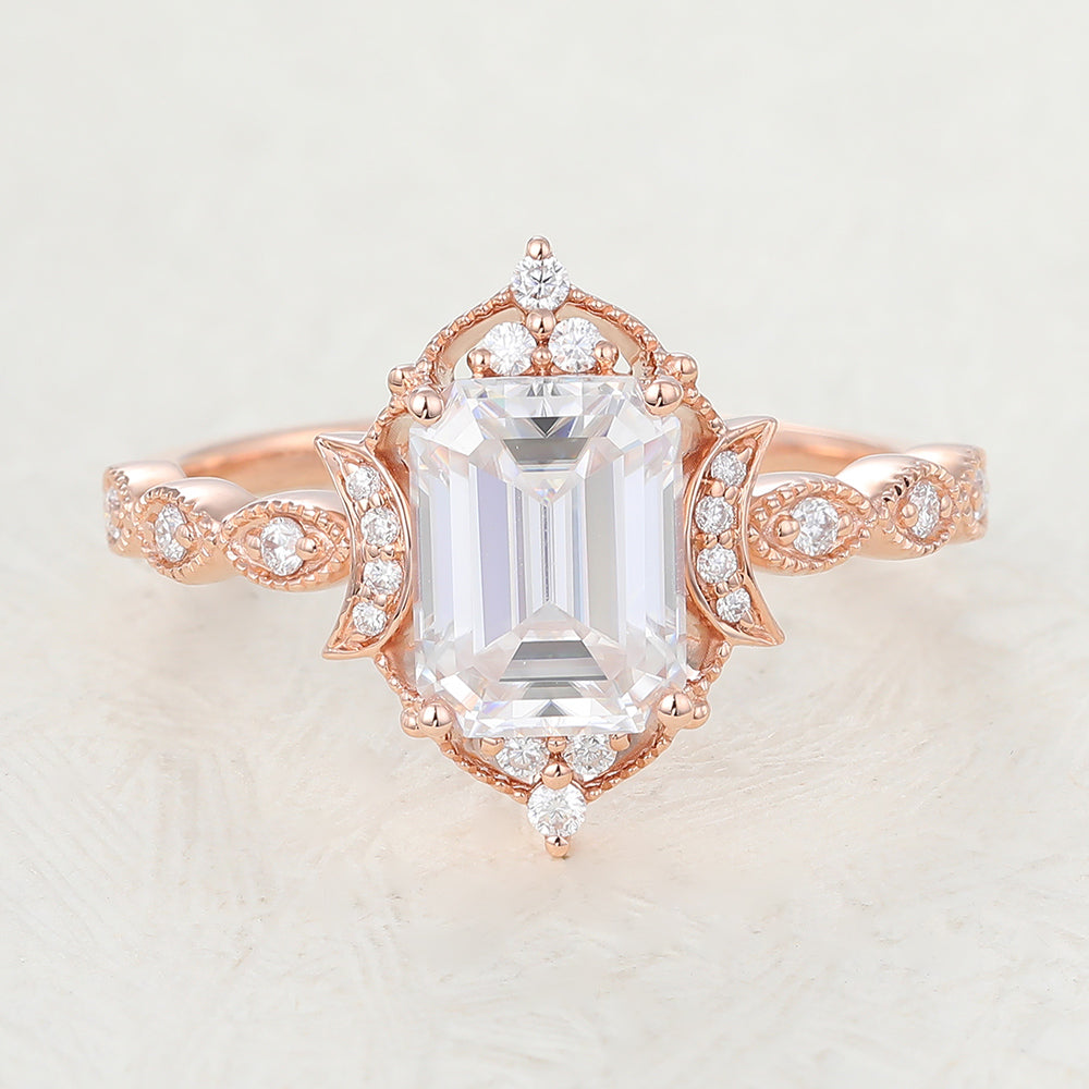 1.60 CT Emerald Shaped Moissanite Vintage Engagement Ring 1