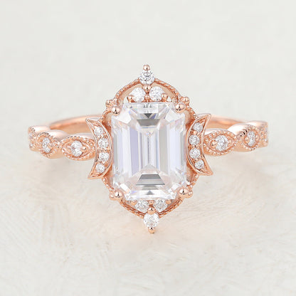 1.60 CT Emerald Shaped Moissanite Vintage Engagement Ring 1