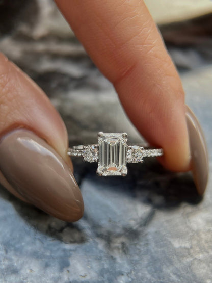 1.0 CT Emerald Three Stone CVD C/VS2 Diamond Engagement Ring 6