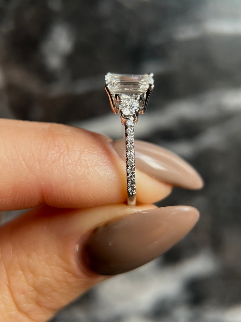 1.0 CT Emerald Three Stone CVD C/VS2 Diamond Engagement Ring 7