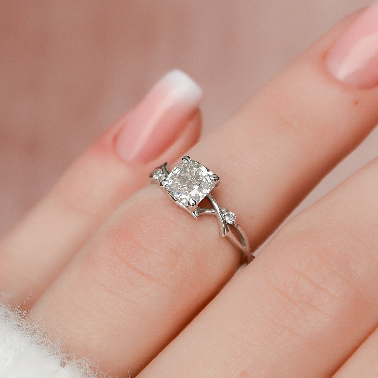 1.0 CT Cushion Solitaire & Twig Setting Moissanite Engagement Ring 3