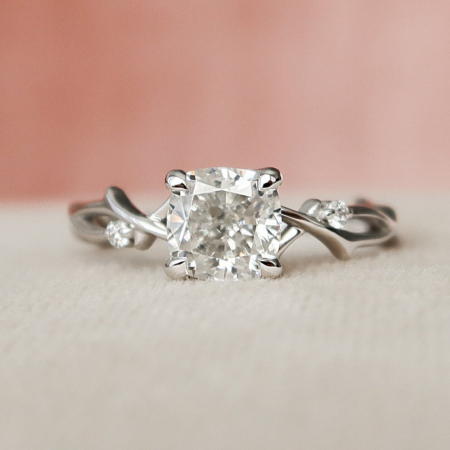 1.0 CT Cushion Solitaire & Twig Setting Moissanite Engagement Ring 5