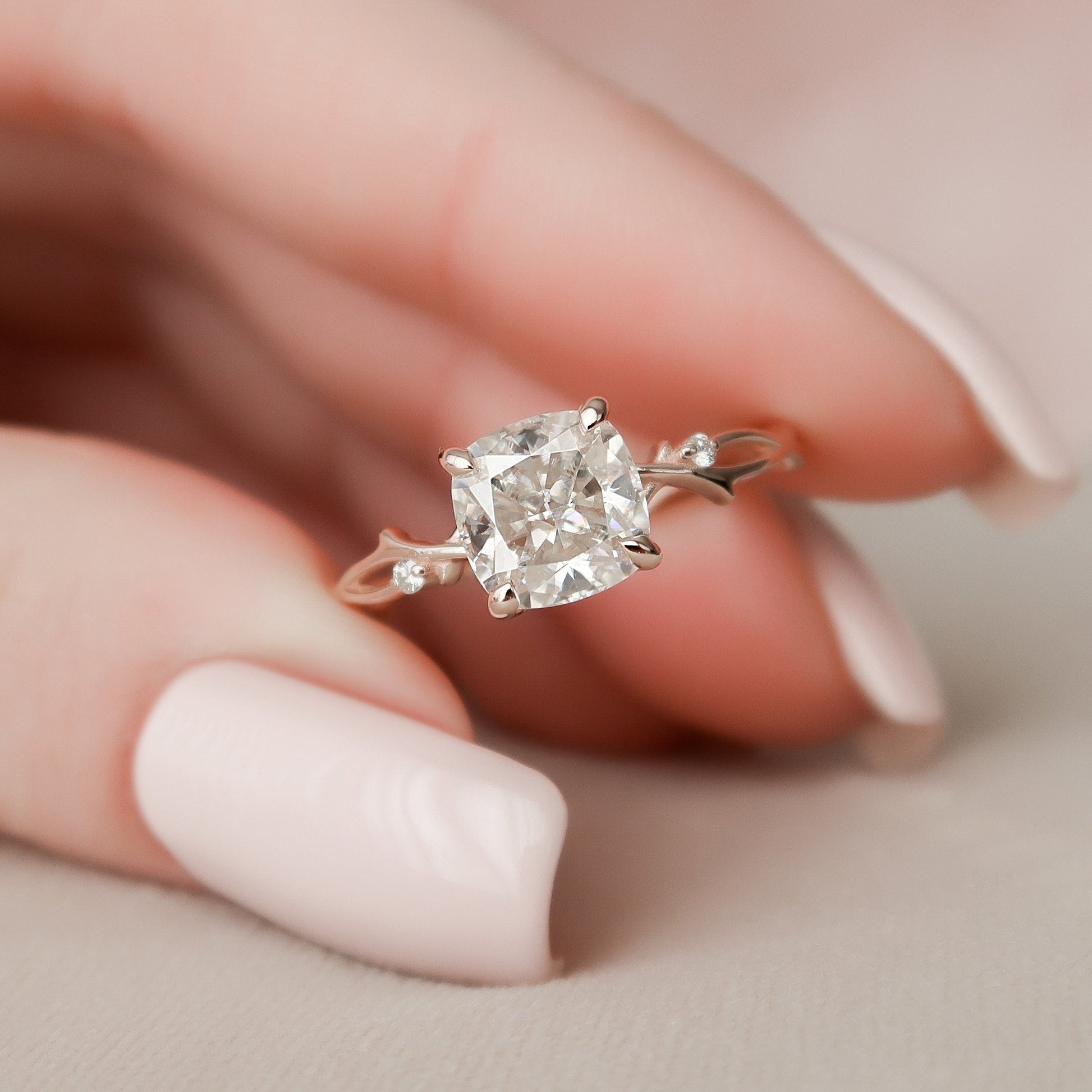 2.0 CT Cushion Twig Style Moissanite Engagement Ring 3