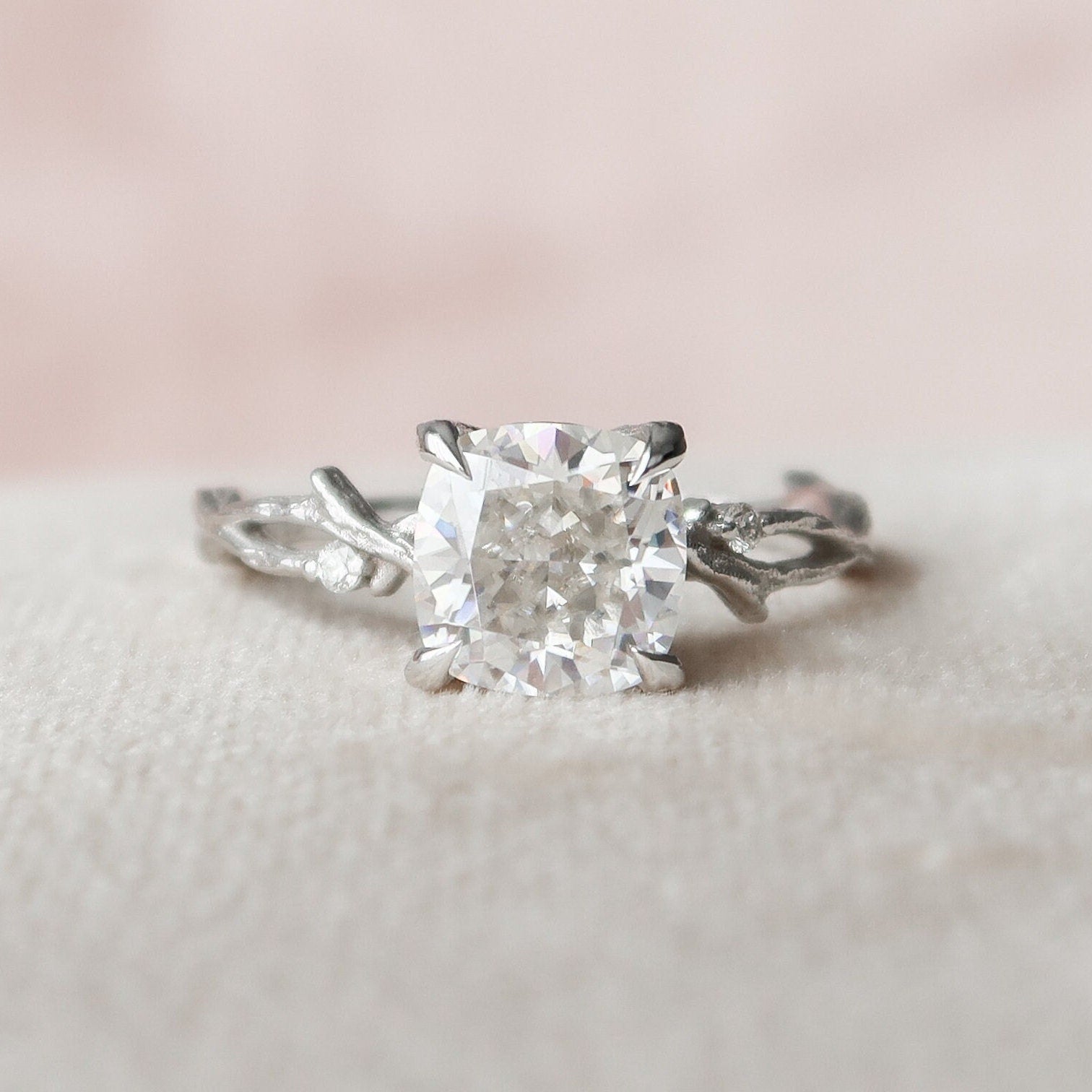 2.0 CT Cushion Twig Style Moissanite Engagement Ring 4