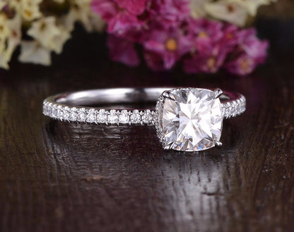 0.75 CT Cushion Hidden Halo Pave Moissanite Engagement Ring 2